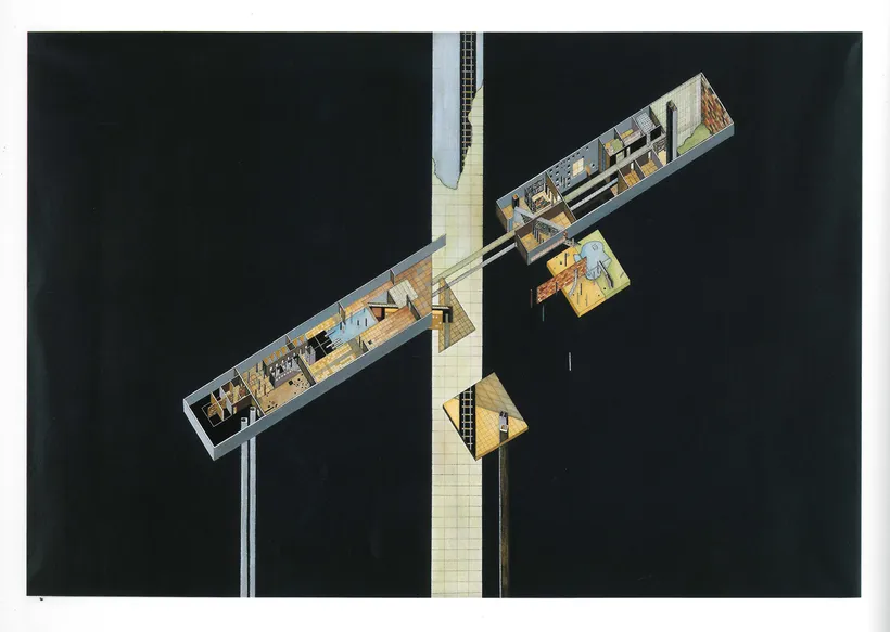 Zaha Hadid, Museum of the Nineteenth Century, Exploded axonometric, Public landscape, London, United Kingdom, 1977–1978, Acrylic on cartridge paper © Zaha Hadid Foundation