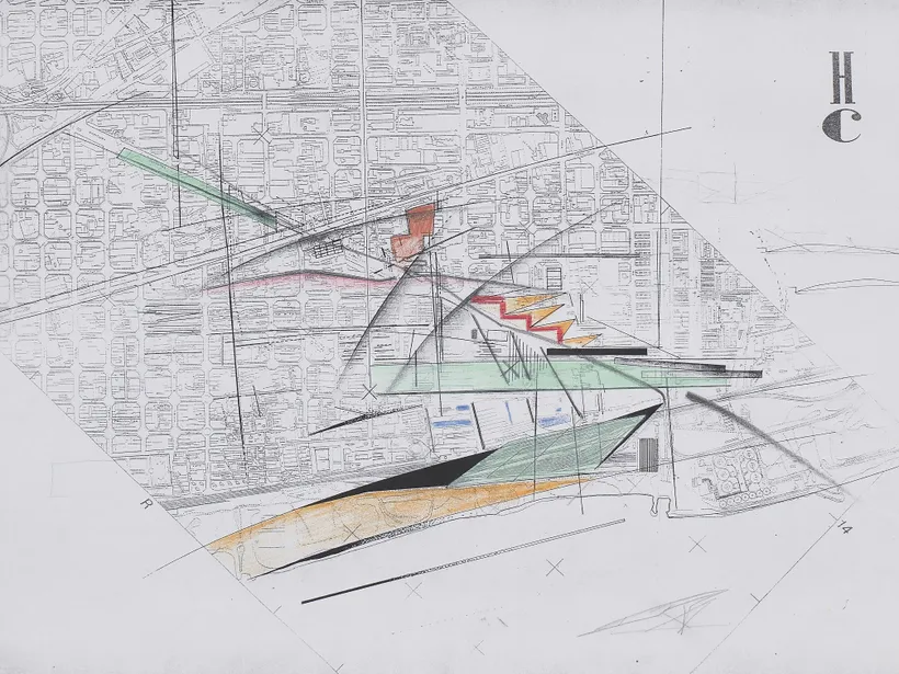 Zaha Hadid Architects, A New Barcelona, Sketch, 1989, Ink and coloured pencil on paper © Zaha Hadid Foundation
