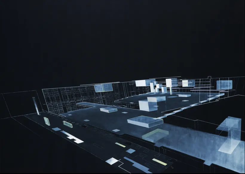Zaha Hadid Architects, Boiler House Extension, Painting, London, UK, c.1996, Acrylic on black cartridge paper © Zaha Hadid Foundation