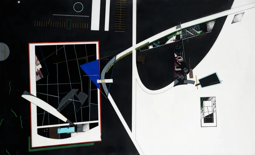 Zaha Hadid Architects, Irish Prime Minister’s Residence, Composite plan, Dublin, Ireland, 1980, Ink and acrylic on mylar © Zaha Hadid Foundation
