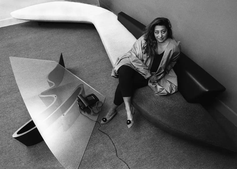 Zaha Hadid in Studio 9, 10 Bowling Green Lane, London, UK, 1985 © Christopher Pillitz, courtesy of Getty Images