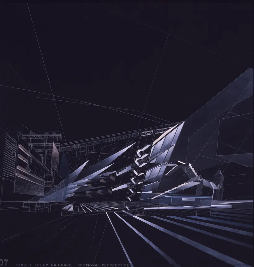 Zaha Hadid Architects, Cardiff Bay Opera House, Sectional Perspective through Auditorium, Cardiff, United Kingdom, 1994, Acrylic on cartridge mounted on canvas © Zaha Hadid Foundation