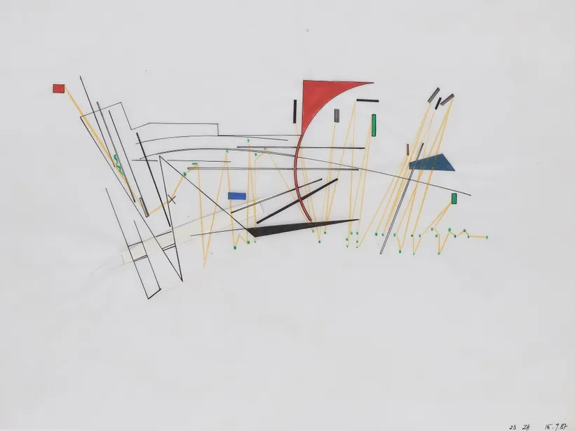Zaha Hadid Architects, West Hollywood Civic Centre, Drawing, Los Angeles, USA, 1987, Ink, coloured pencils and watercolours on paper © Zaha Hadid Foundation