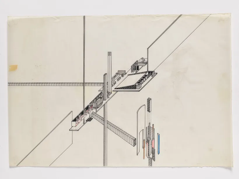 OMA, Dutch Parliament Extension, The Ambulatory and its connections, The Hague, Netherlands, 1978–1979, Ink and coloured pencil on paper. Drawing courtesy of Zaha Hadid Foundation.