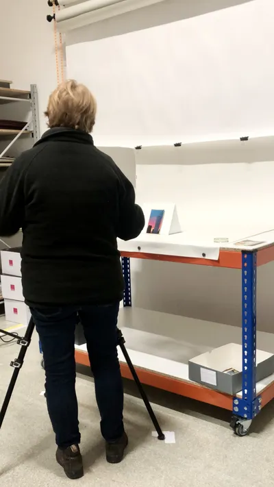 Photography set up for individual postcards, Zaha Hadid Foundation, London, United Kingdom, 2024