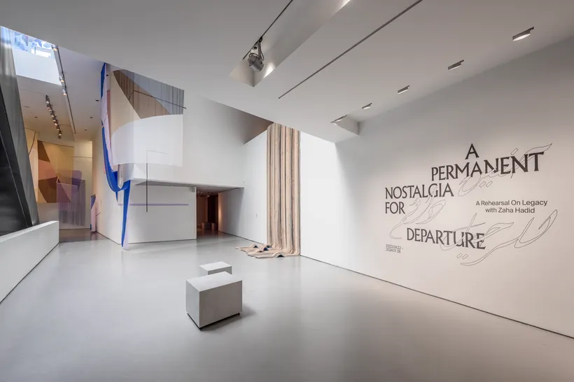 Installation view, A Permanent Nostalgia for Departure: A Rehearsal on Legacy with Zaha Hadid . Photo: Wes Battoclette, 2023. Image courtesy of the Contemporary Arts Center, Cincinnati, OH.