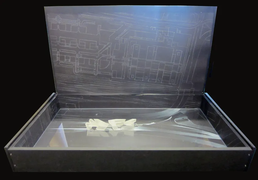Zaha Hadid Architects, Spittelau Viaduct Housing, Concept model including site plan, 1995, Wood, resin, acrylic paint on black cartridge paper © Zaha Hadid Foundation