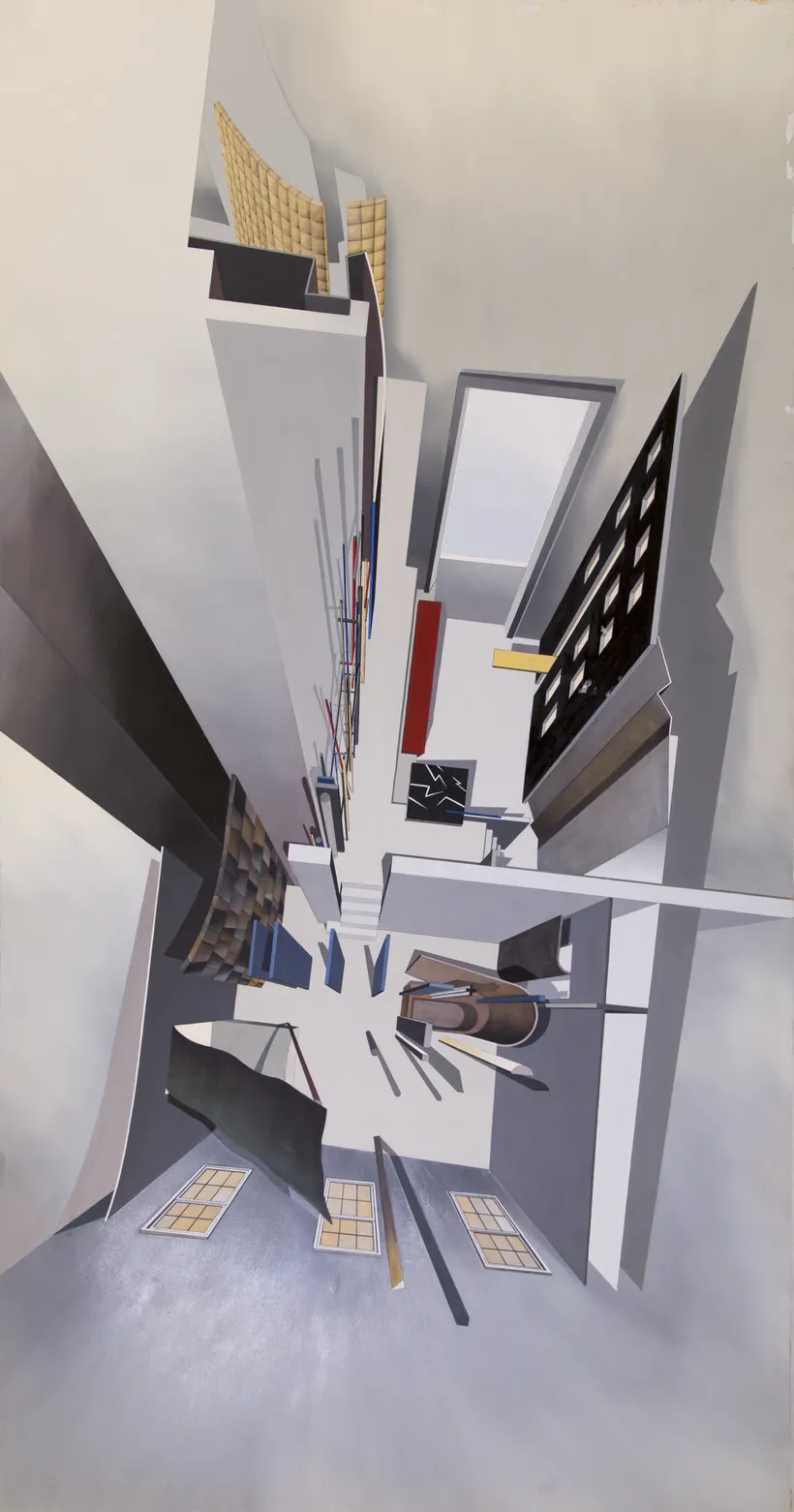 Zaha Hadid Architects, 59 Eaton Place, Aerial perspective of master bedroom and library, London, United Kingdom, 1981–1982, Acrylic on cartridge paper mounted on plywood © Zaha Hadid Foundation