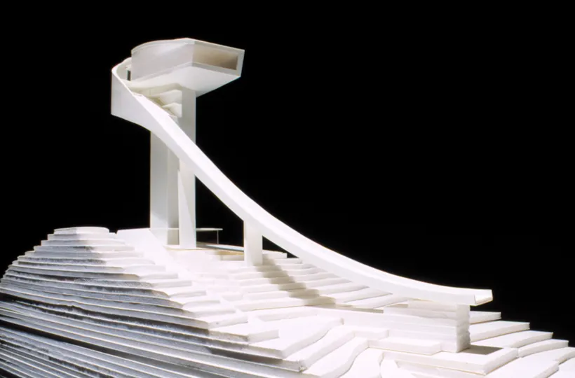 Zaha Hadid Architects, Bergisel Ski Jump, Model, Innsbruck, Austria, 1999–2002, White card, foamcore, wood and perspex © Zaha Hadid Foundation