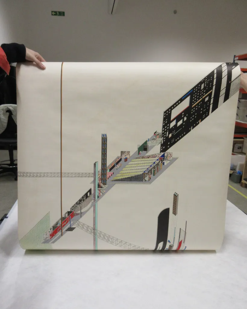 Zaha Hadid Foundation team unpacking OMA, Dutch Parliament Extension, The Ambulatory and its connections, 1978–1979. Photograph and drawing courtesy of Zaha Hadid Foundation.