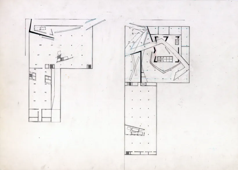 Zaha Hadid Architects, 42nd Street Hotel, Floor plan, Ground floor, 1995, Ink on tracing paper © Zaha Hadid Foundation