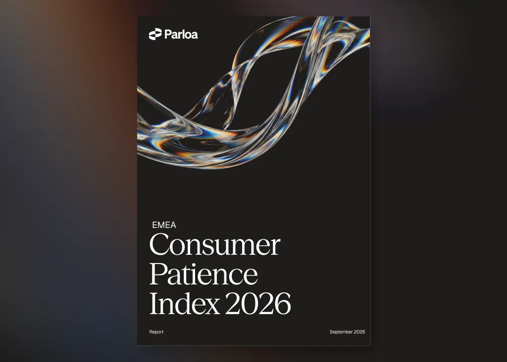 Abstract swirling design with text "Parloa EMEA Consumer Patience Index 2026" and "Report September 2026" on a black background.