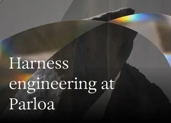 Text "Harness engineering at Parloa" overlaid on an abstract background with rainbow-like light reflections.