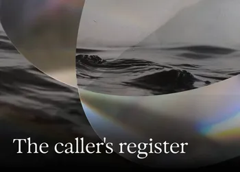 Abstract design with overlapping curves, black-and-white waves, and a text reading "The caller's register" at the bottom.
