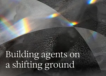 Abstract background with a textured black surface, intersecting curves, and colorful light prisms. Text reads "Building agents on a shifting ground."