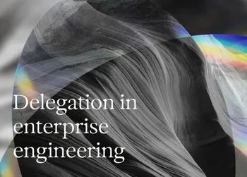 Abstract black and white design with rainbow accents and the text "Delegation in enterprise engineering."