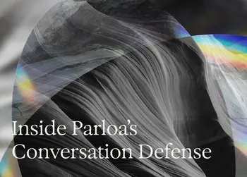 Abstract grayscale waves with rainbow hues overlay. Text reads "Inside Parloa's Conversation Defense."