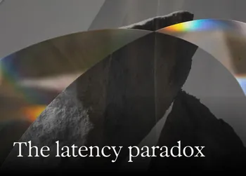 Abstract image with overlapping rainbow arcs and a rock formation, featuring the text "The latency paradox" at the bottom.
