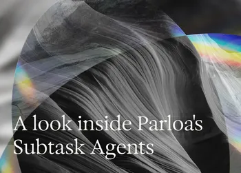 Abstract grayscale waves with rainbow tones overlayed, featuring the text: "A look inside Parloa's Subtask Agents."