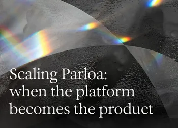 Abstract design with rainbows and textures, text reads: "Scaling Parloa: when the platform becomes the product."