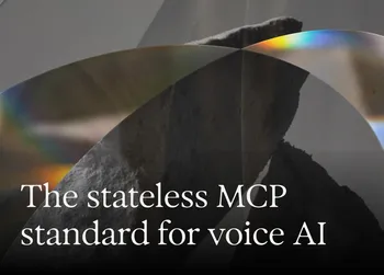 Abstract geometric design with rainbow hues overlays a textured rock. Text reads, "The stateless MCP standard for voice AI."