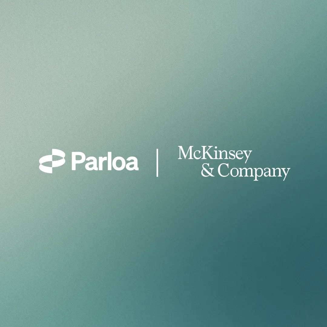 Parloa and McKinsey & Company logos on a gradient background, positioned side by side with a vertical line separating them.