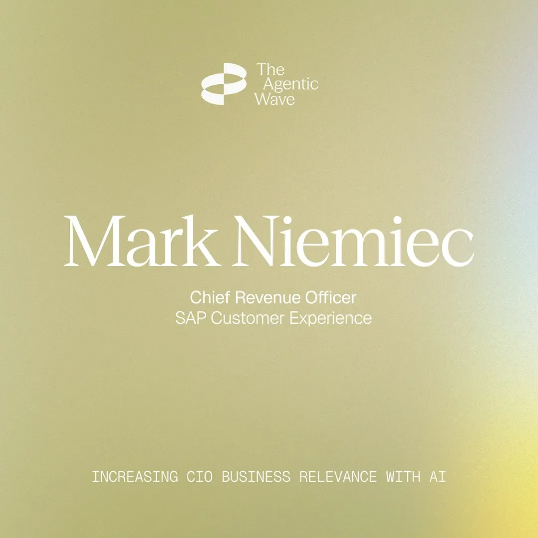 Text on an olive green gradient background: "Mark Niemiec, Chief Revenue Officer, SAP Customer Experience. Increasing CIO business relevance with AI. The Agentic Wave."