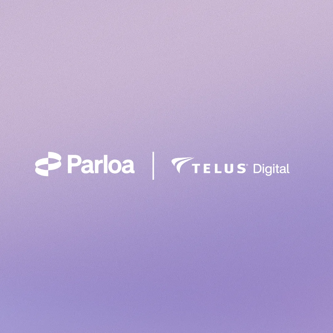 Parloa and Telus Digital logos on a gradient purple background with a vertical dividing line between them.