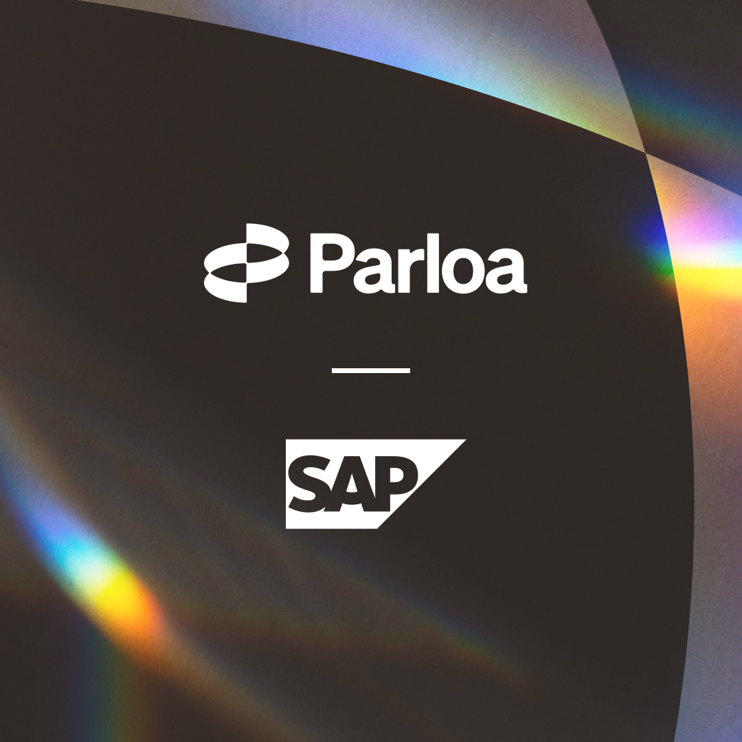Parloa and SAP logos on a dark background with colorful light streaks.