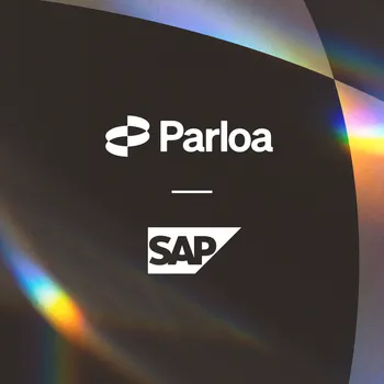Parloa and SAP logos on a dark background with colorful light streaks.