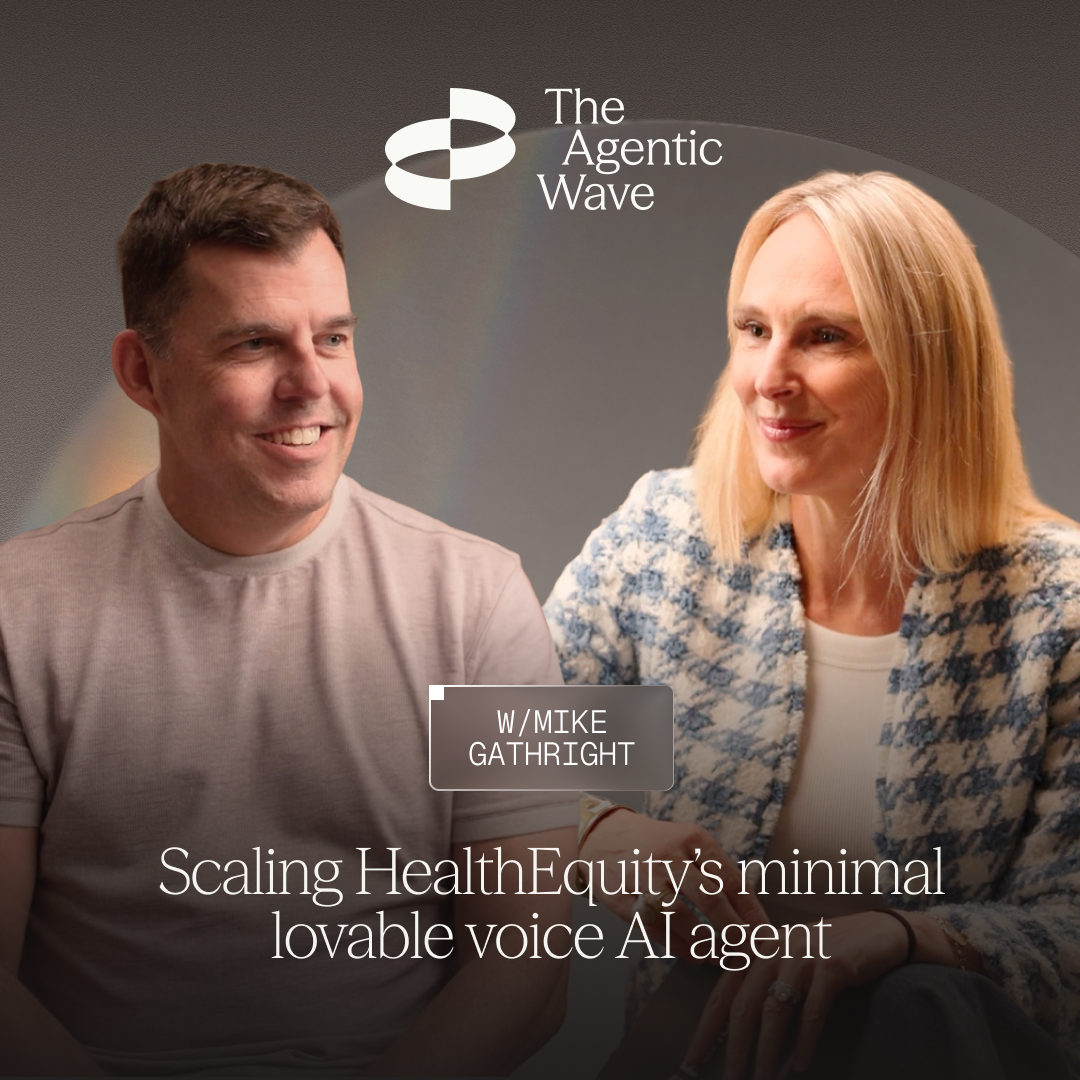 Two people converse in a promotional image for "The Agentic Wave," discussing HealthEquity's voice AI agent.
