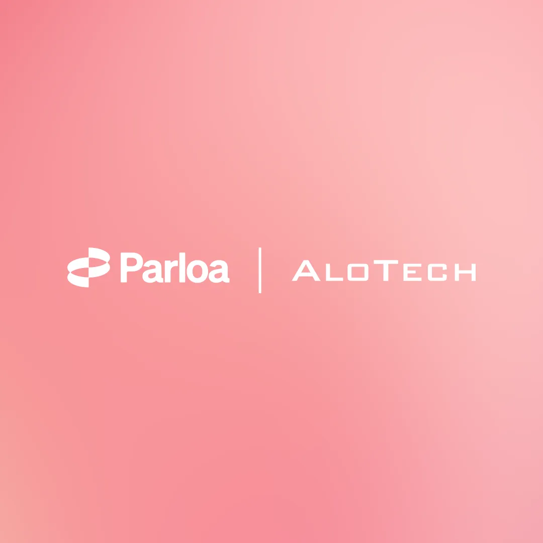 Logo of Parloa and ALOTech on a pink background.