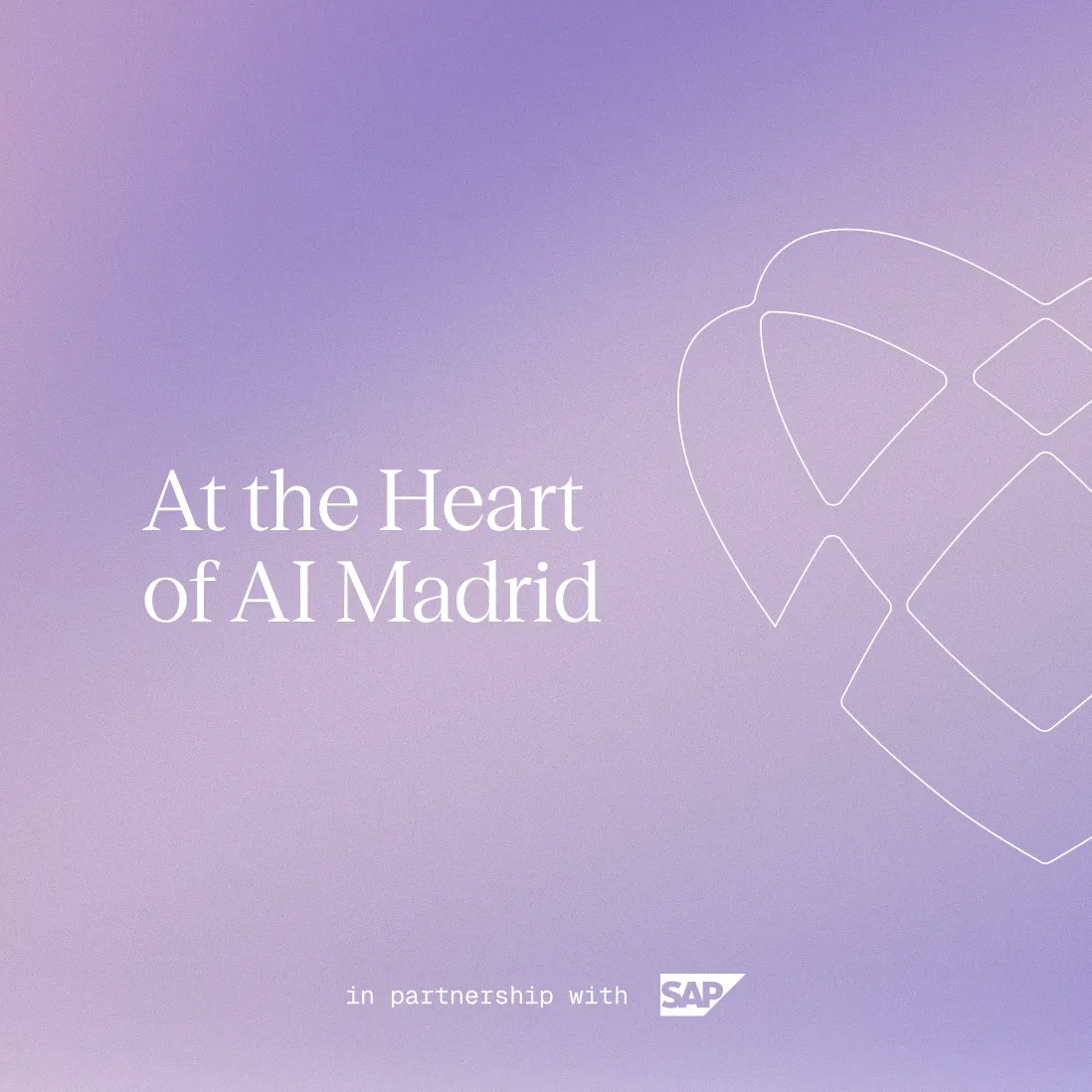 Text "At the Heart of AI Madrid" on a purple gradient background with a heart outline, in partnership with SAP