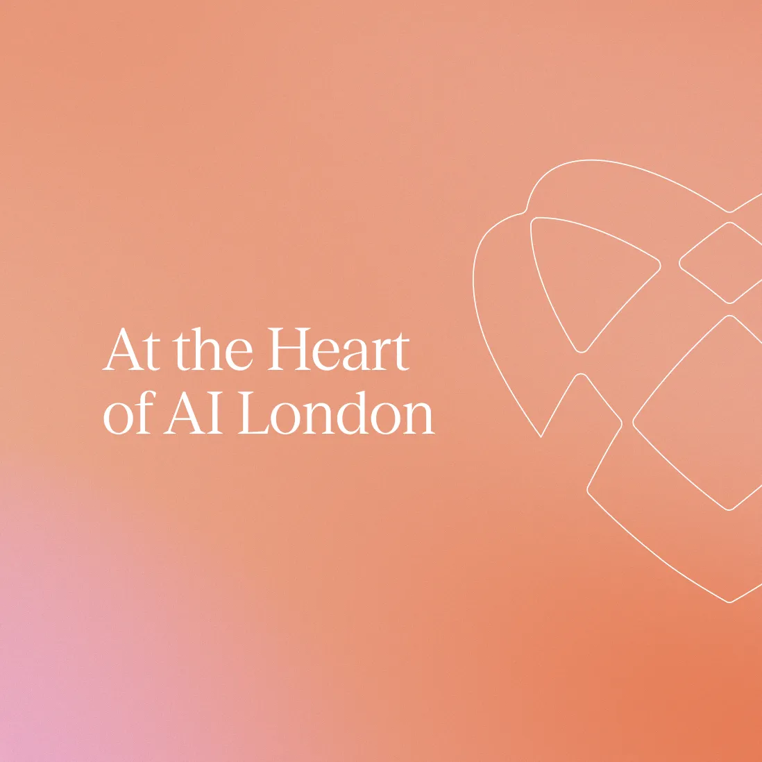 Text "At the Heart of AI London" on a orange gradient background with a heart outline