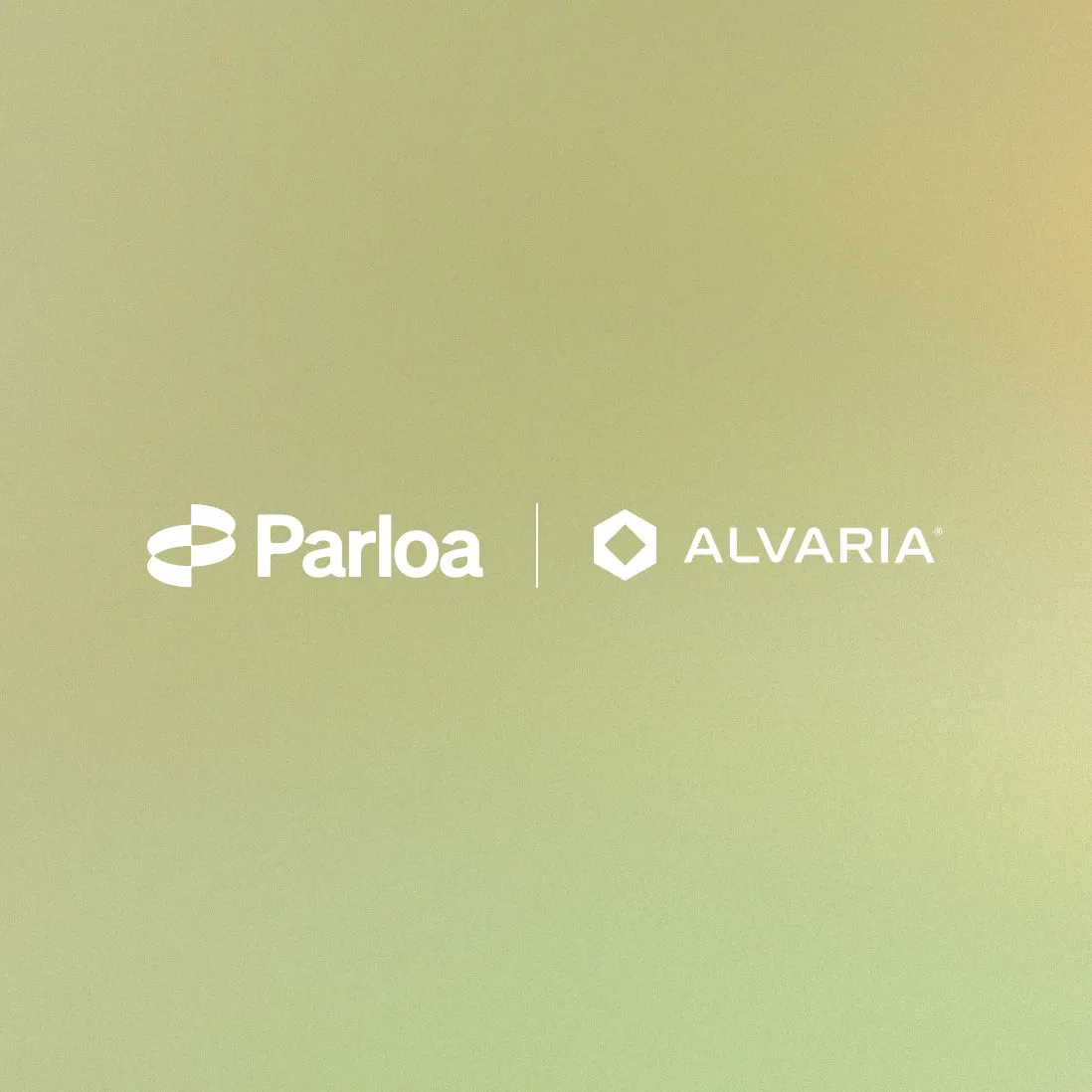 Logos of Parloa and Alvaria on a green and yellow abstract background. Parloa's logo at the top, Alvaria's with a hexagon icon at the bottom.