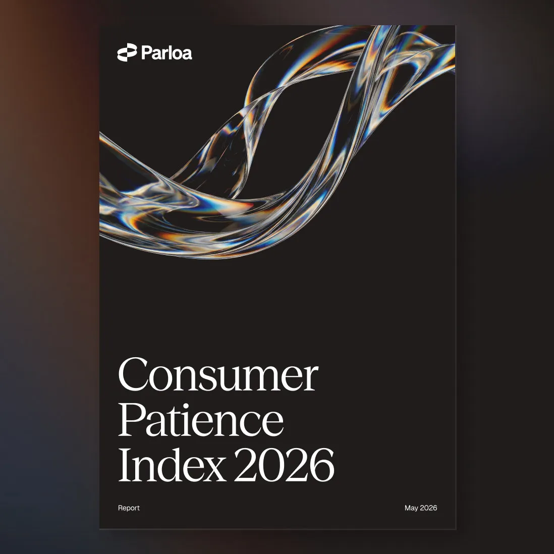 Cover of the "Consumer Patience Index 2026" report with a swirling abstract pattern on a black background.