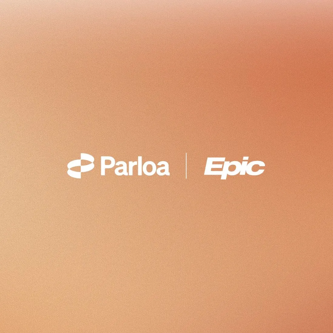 Parloa and Epic logos in white on a warm orange gradient background.