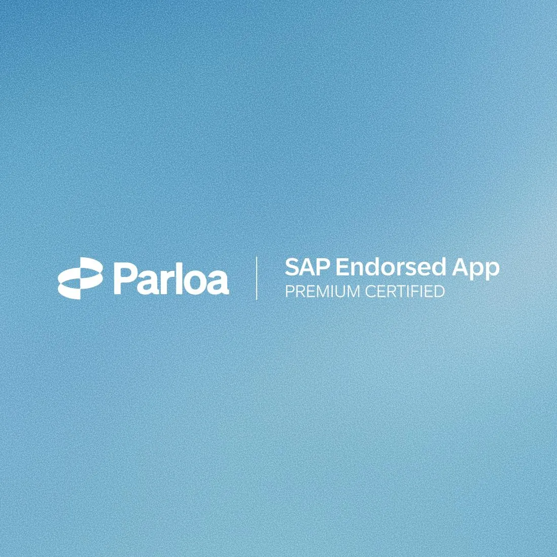 Parloa logo with text "SAP Endorsed App Premium Certified" on a colorful, abstract background.