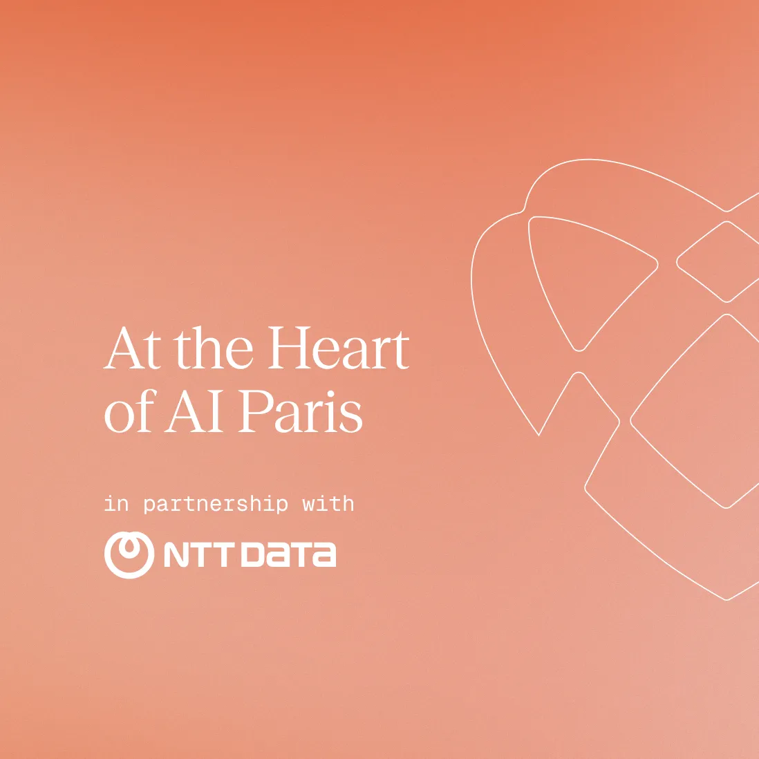Text "At the Heart of AI Paris" on an orange gradient background with a heart outline, in partnership with NTT DATA