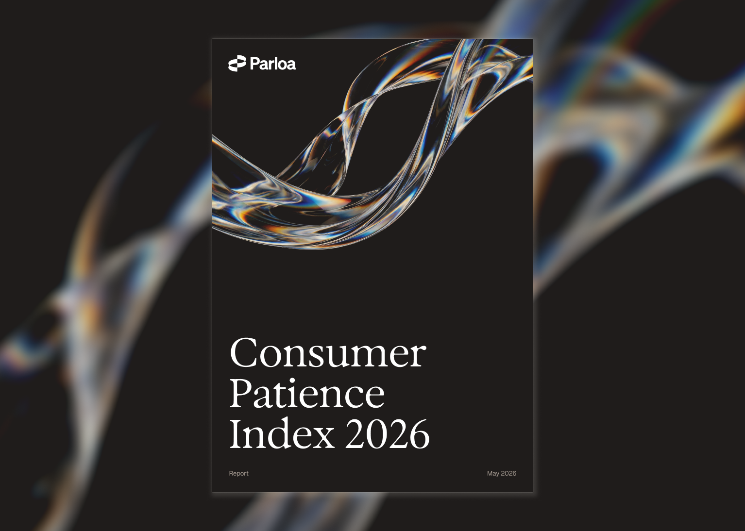Cover of the "Consumer Patience Index 2026" report with a swirling abstract pattern on a black background.