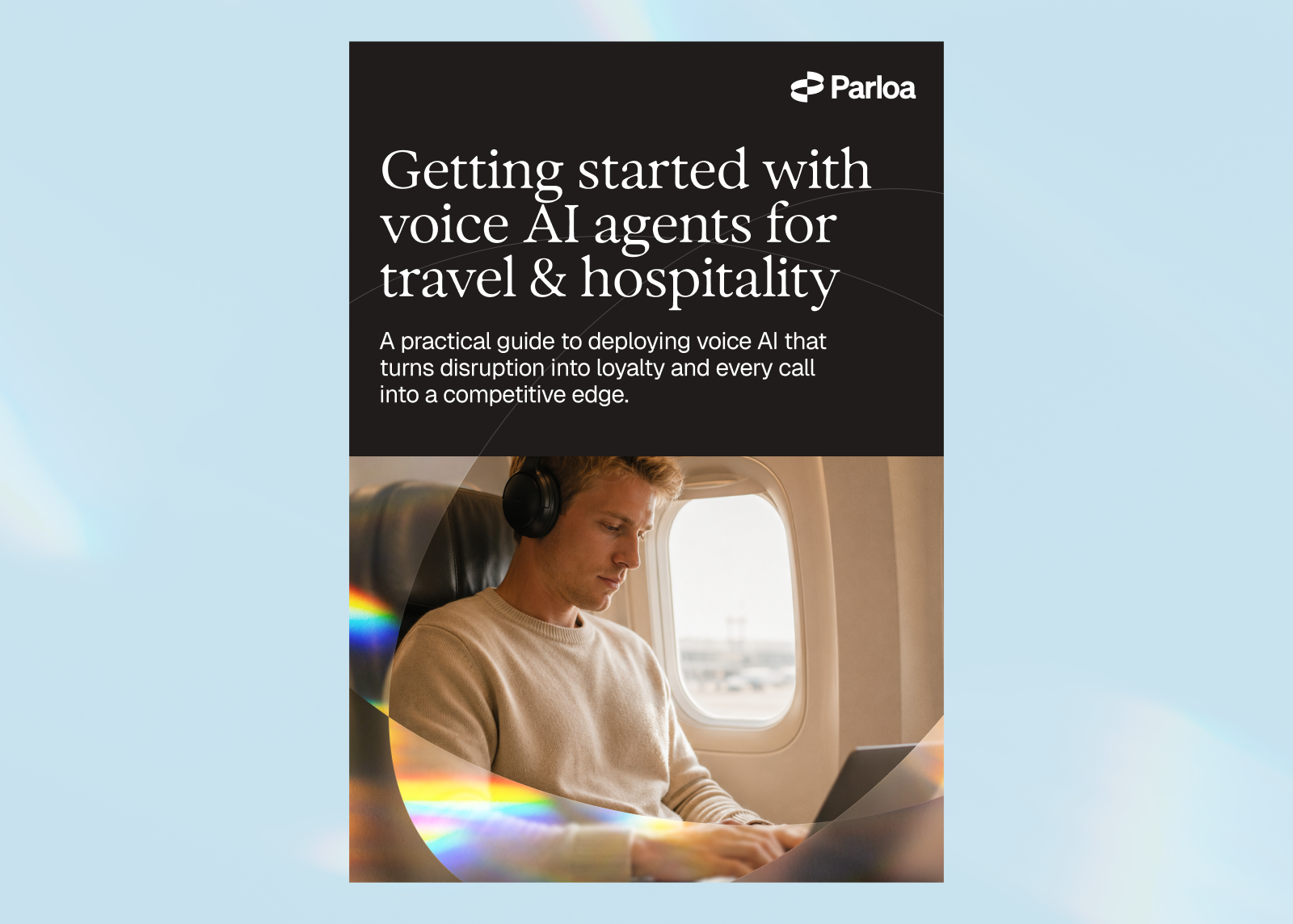 Brochure titled "Getting started with voice AI agents for travel & hospitality" featuring a person using a laptop on an airplane.