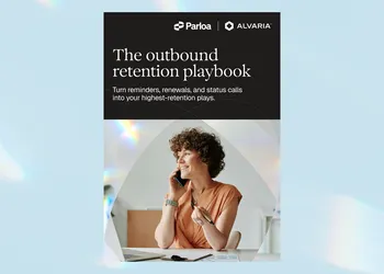 A woman with curly hair smiles while talking on the phone, sitting at a desk with a laptop, in an ad for "The outbound retention playbook."