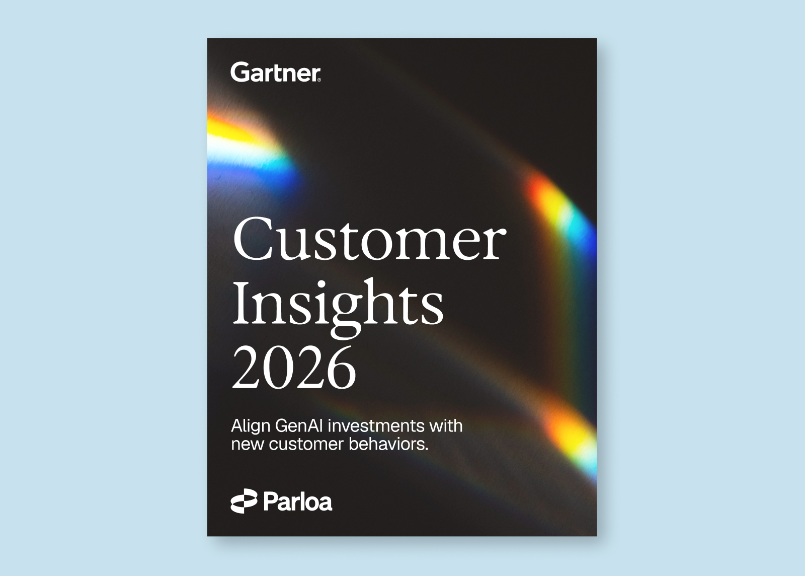 Book cover titled "Customer Insights 2026" with rainbow light streaks, featuring Gartner and Parloa logos, on a light blue background.