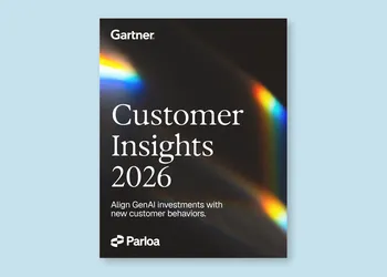 Book cover titled "Customer Insights 2026" with rainbow light streaks, featuring Gartner and Parloa logos, on a light blue background.