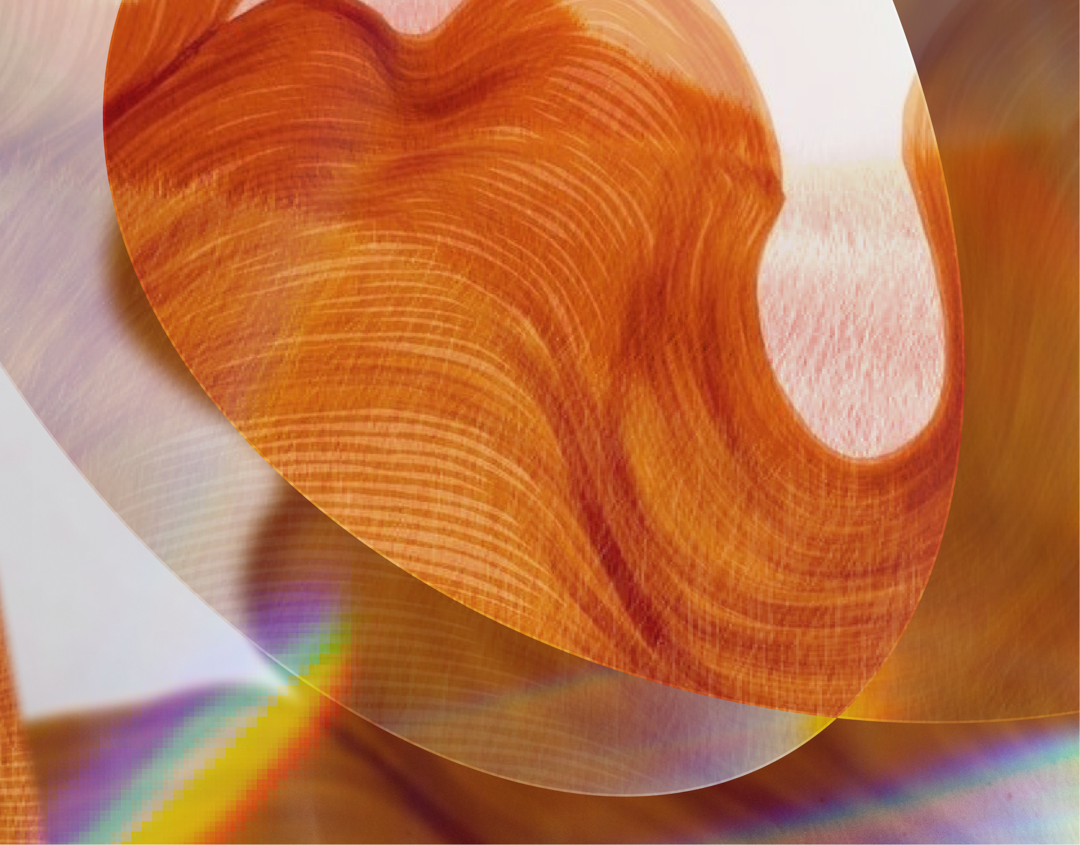 Abstract image with swirling orange and red patterns, overlapping translucent layers, and a hint of rainbow light effect at the bottom.
