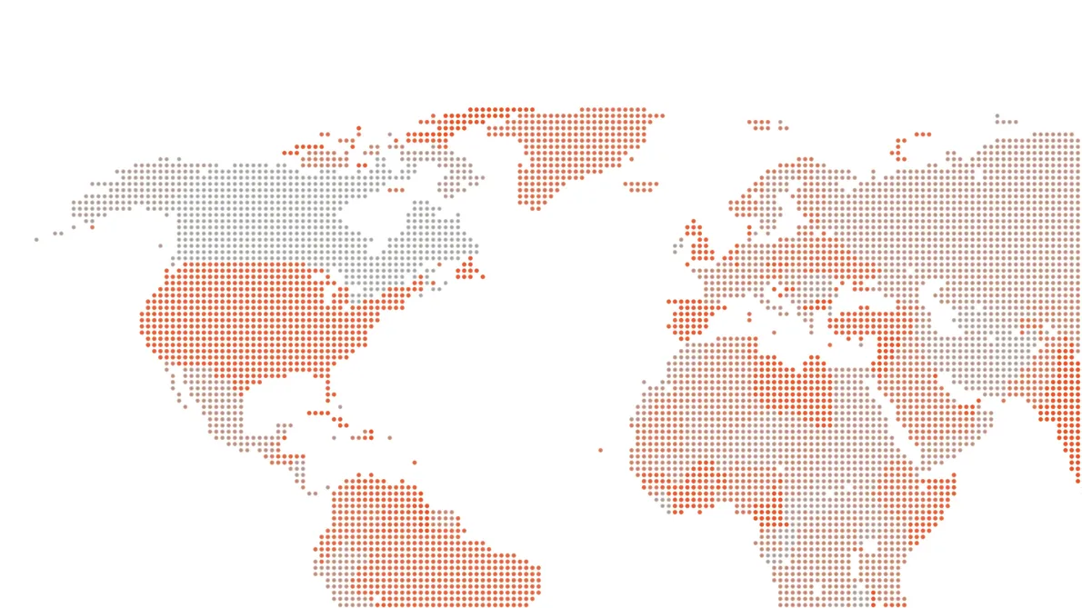 A pixelated world map highlighting North America, Europe, and parts of Africa and Asia in red and gray dots.