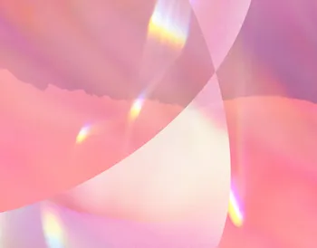 Abstract image with soft pink and purple hues, translucent overlapping shapes, and radiant rainbow light effects.