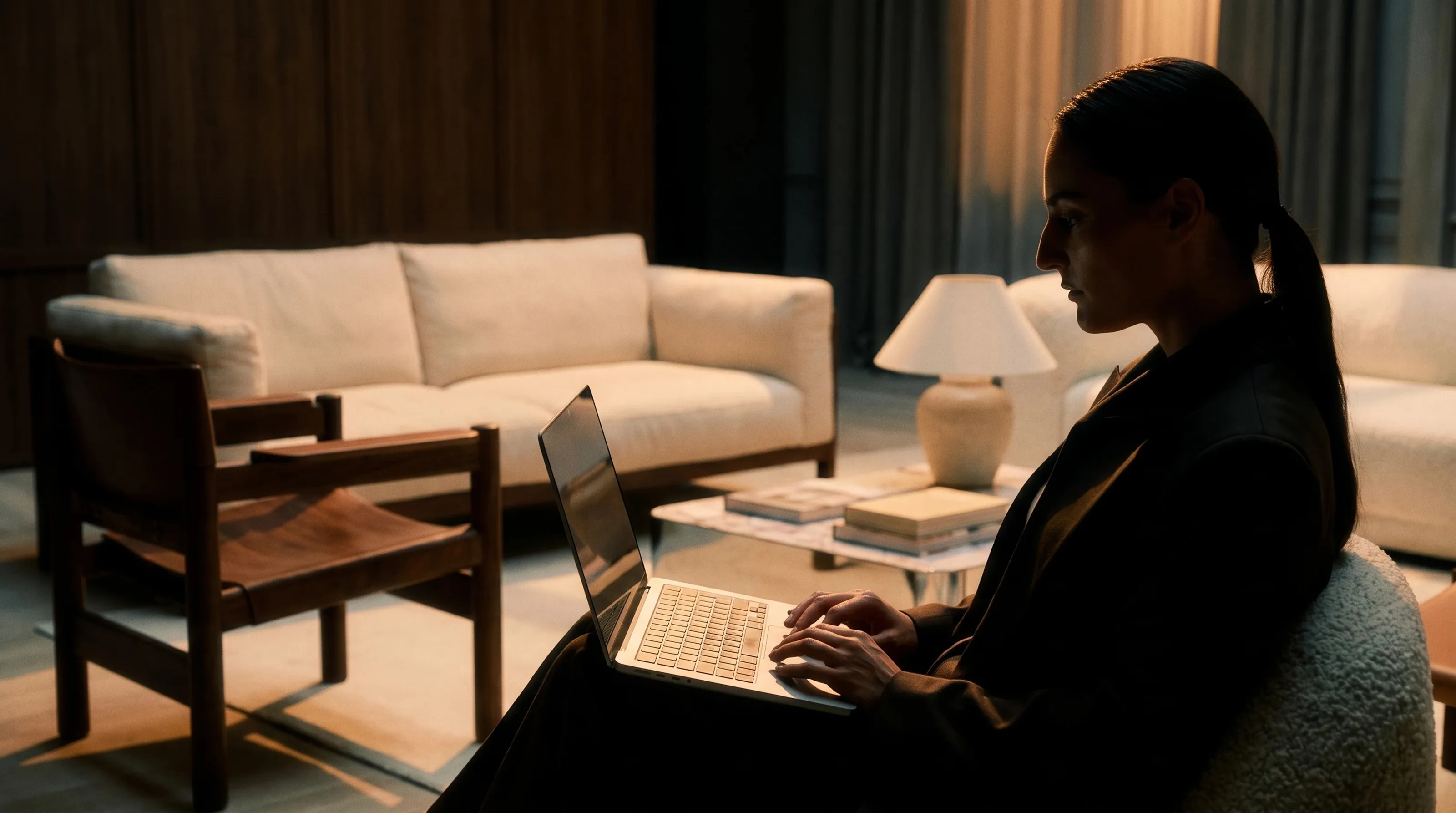 Frau arbeitet im Wohnzimmer am Laptop
