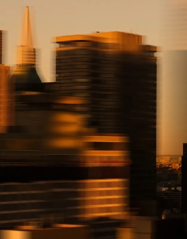 City skyline at sunset