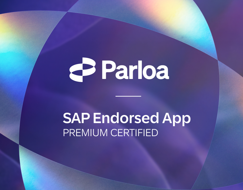 Parloa logo with text "SAP Endorsed App Premium Certified" on a colorful, abstract background.